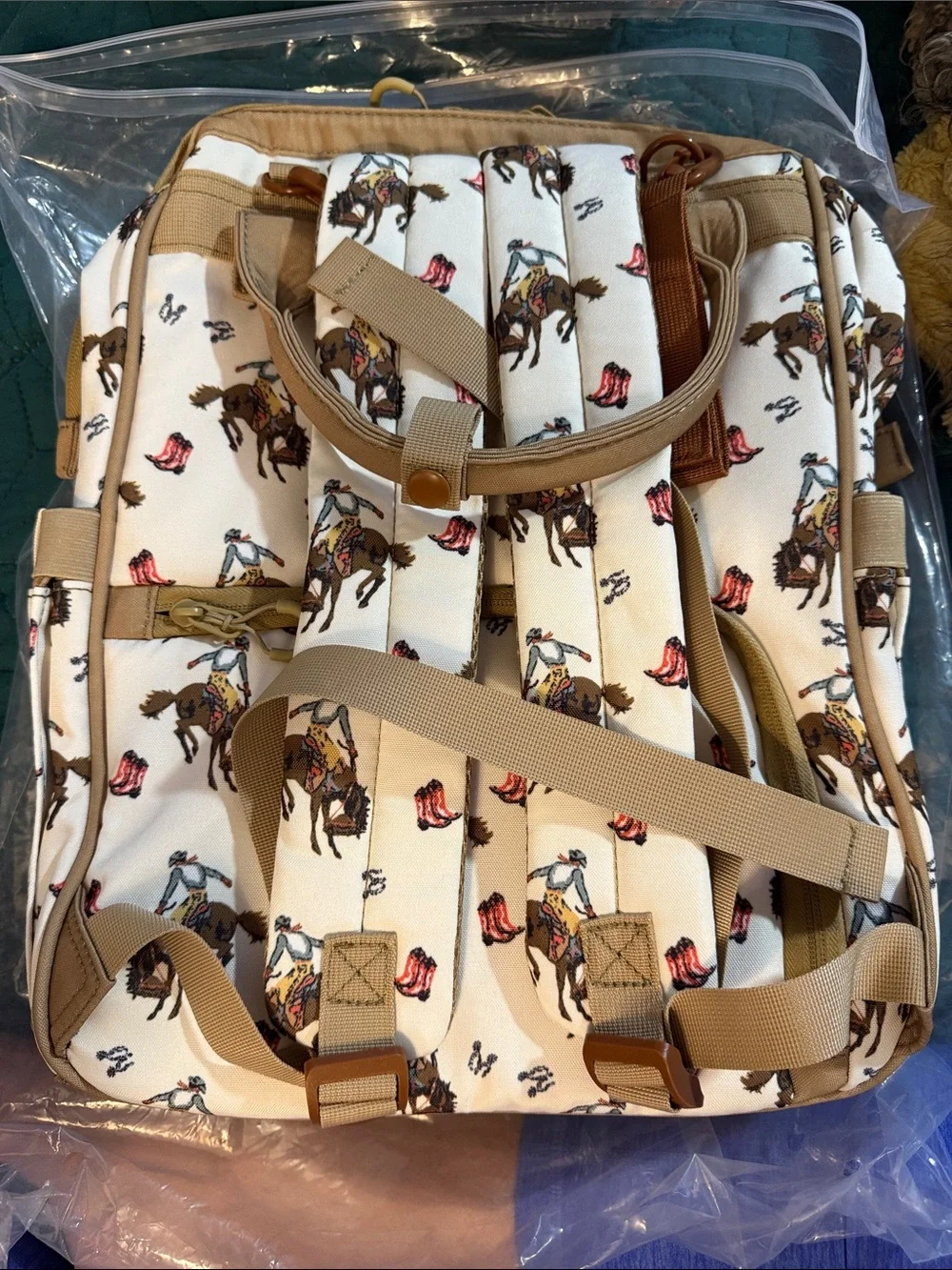 Wrangler Cream Rodeo Print Backpack with Tan Trim